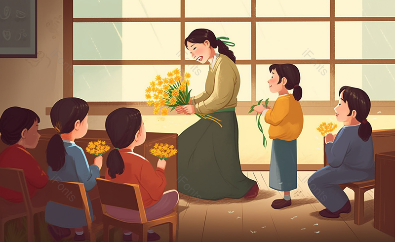 教室里送花给老师教师节儿童送花插画素材,插画/手绘图,插画/手绘图库,插画/手绘图下载,插画/手绘